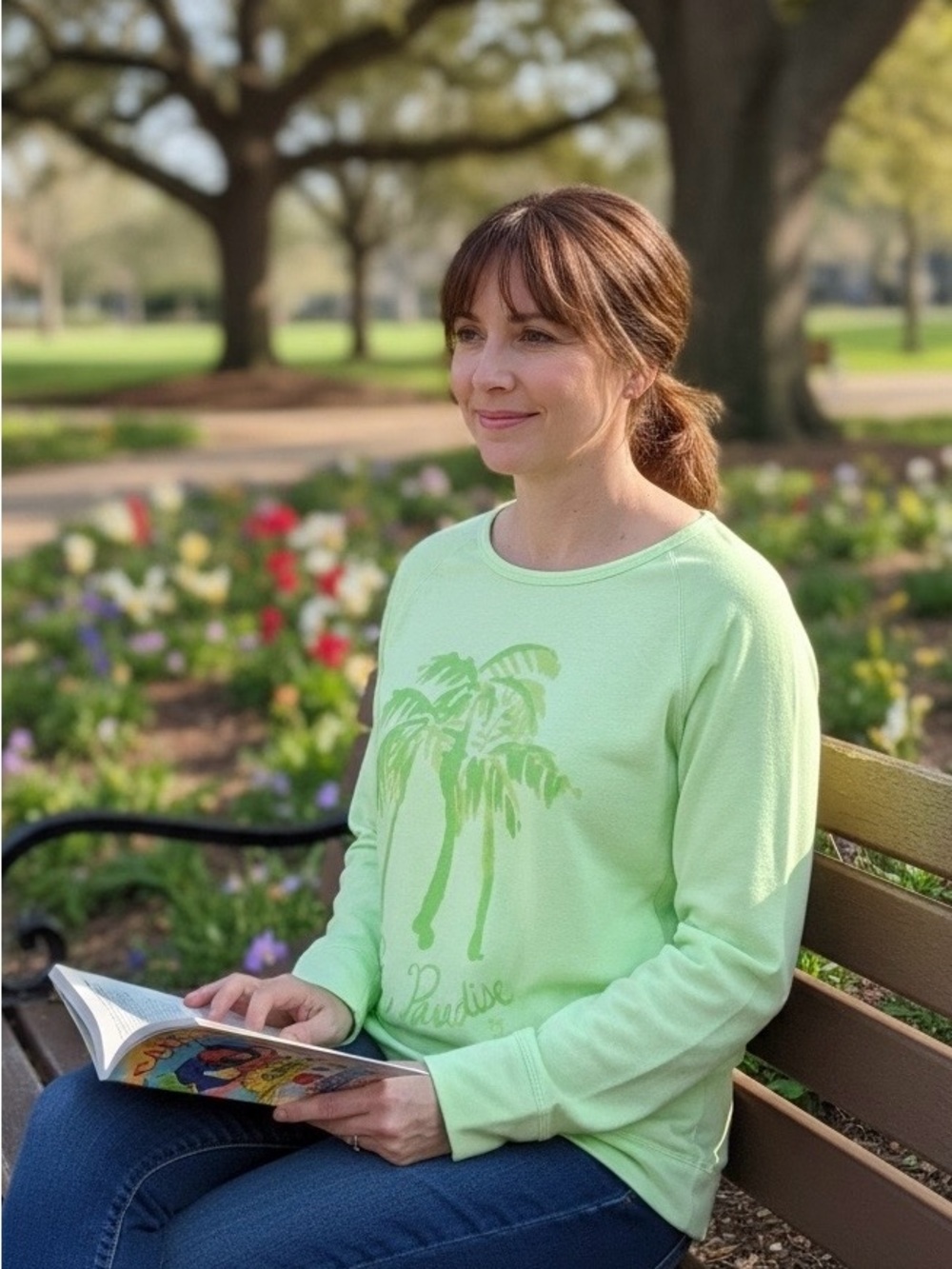 Lilly Pulitzer Long Sleeve Pullover Sweatshirt Palm Tree Graphic Lime Green Sz S